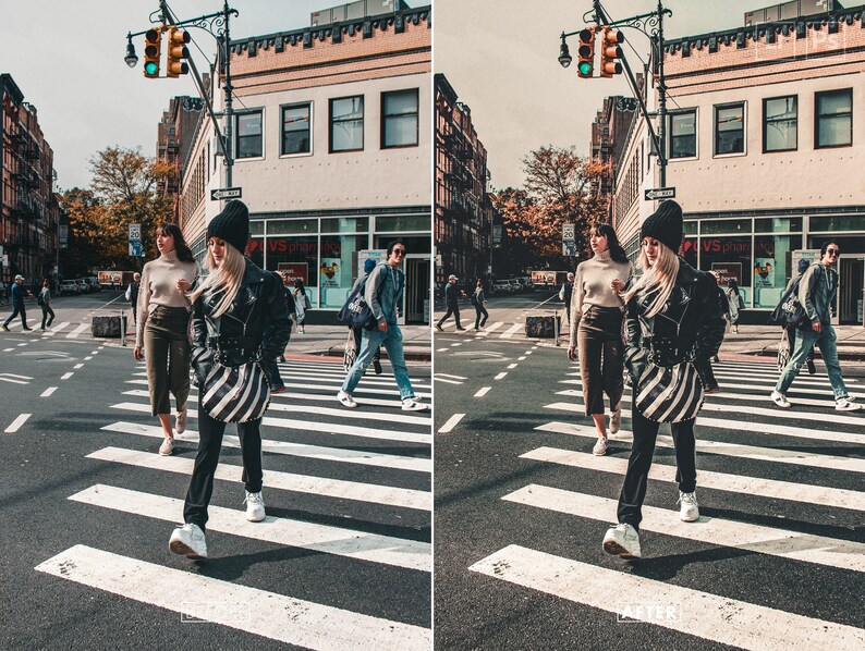 May include: Three people walking across a pedestrian crossing in a city street. The person in the centre is wearing a black leather jacket, a black and white striped skirt, and a black beanie. The person on the left is wearing a brown sweater and brown trousers. The person on the right is wearing a black leather jacket, a black and white striped skirt, and a black beanie.