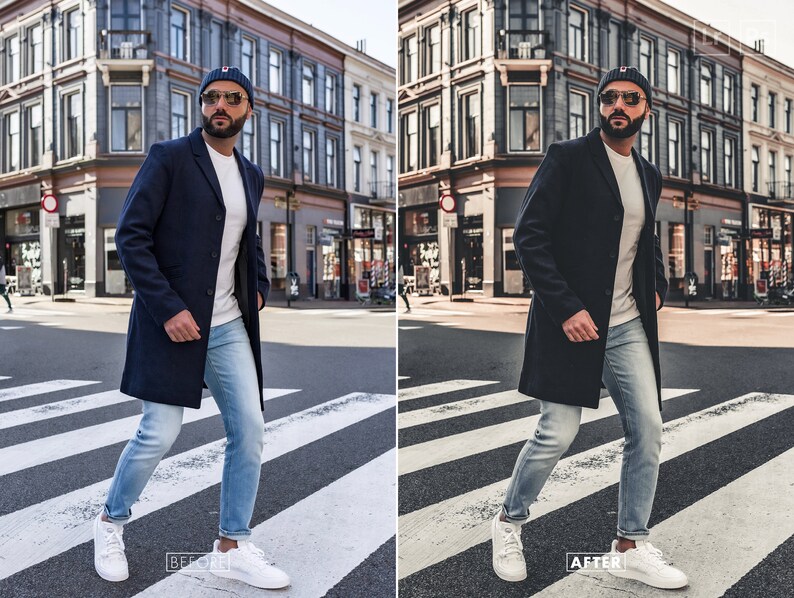 May include: A man wearing a blue coat, white shirt, light blue jeans, white trainers, and a blue beanie with a red stripe. He is walking across a pedestrian crossing in front of a city street.