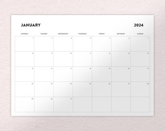 Printable Calendar 2024 | Monthly Planner 2024 | A4, Letter | Landscape | Monday & Sunday Start | Minimalist | Download | Digital PDF