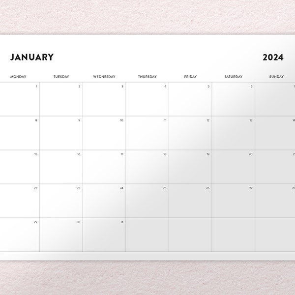 Druckbarer Kalender 2024 | Monatsplaner 2024 | A4, Letter | Landschaft | Montag & Sonntag Start | Minimalistisch | Herunterladen | Digitales PDF
