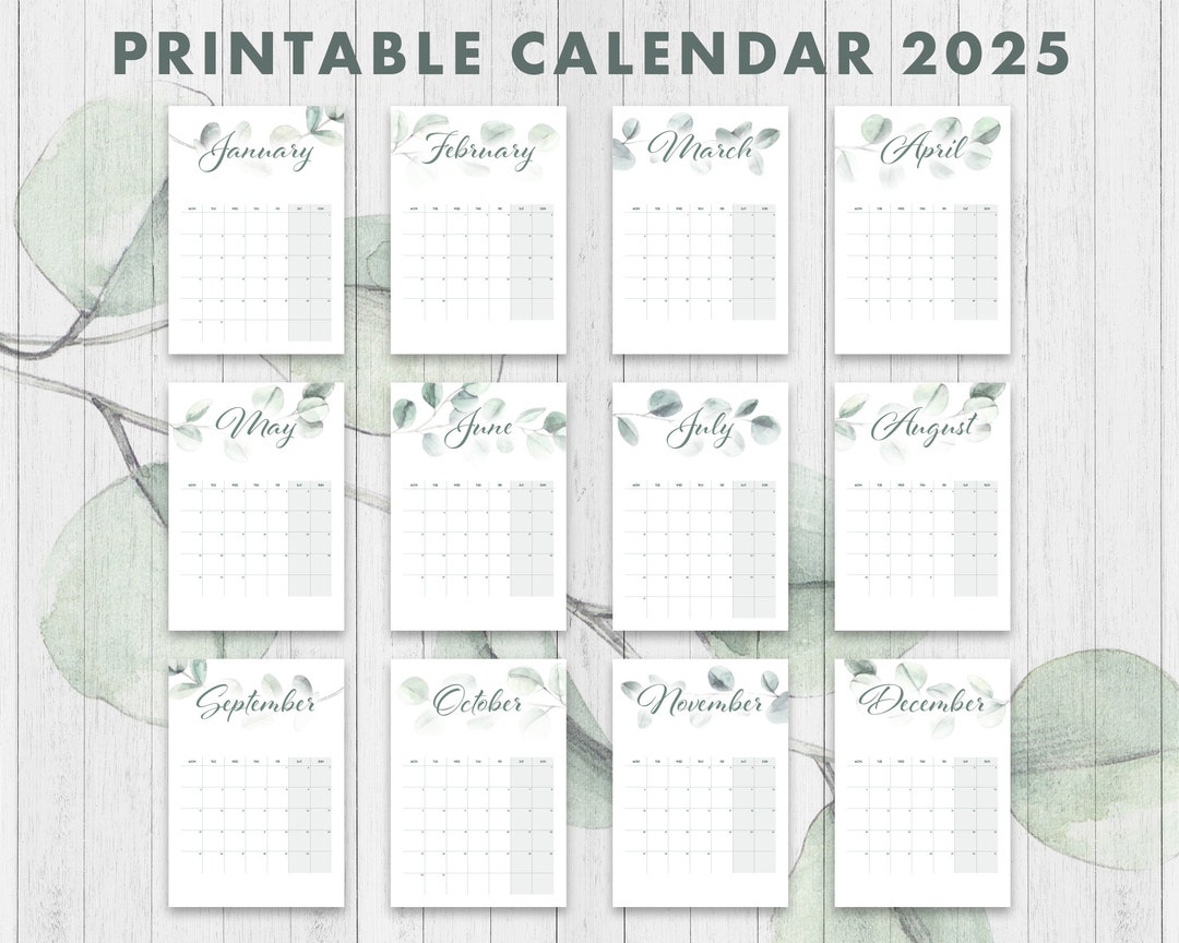 Printable Calendar 2025 Greenery Eucalyptus Monthly Calendar Etsy