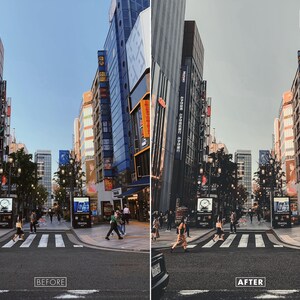 May include: A street scene in a city with tall buildings and a pedestrian crossing. The buildings are lined with signs and advertisements. There are people walking on the pavement and crossing the road.