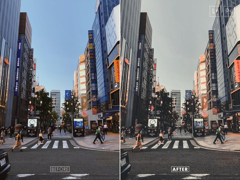 May include: A street scene in a city with tall buildings and a pedestrian crossing. The buildings are lined with signs and advertisements. There are people walking on the pavement and crossing the road.