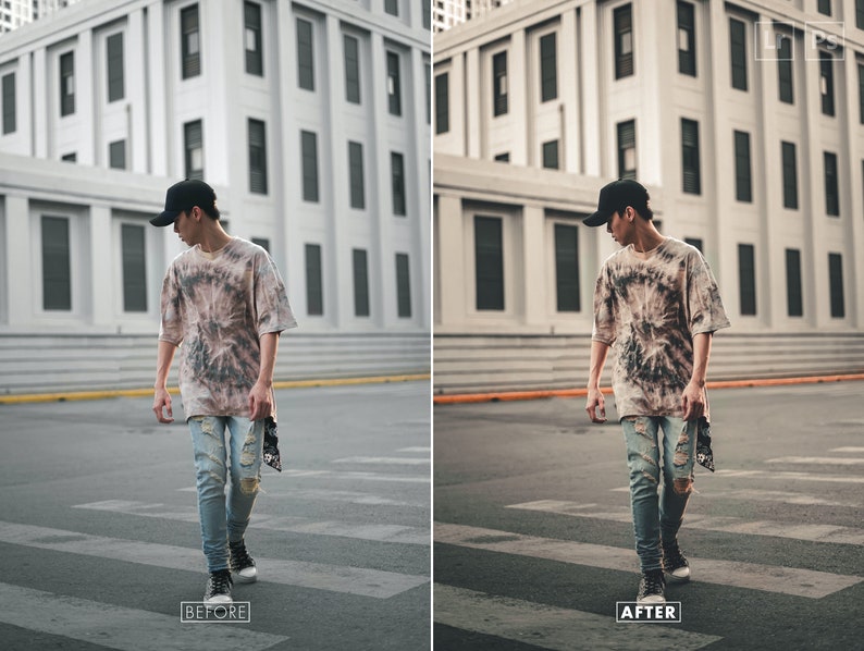 May include: A person wearing a tie-dye shirt and ripped jeans stands in front of a building. The person is wearing a black baseball cap and has their hands in their pockets. The building is made of concrete and has many windows.