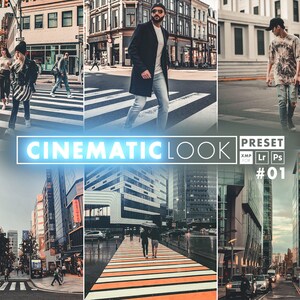 May include: A collage of four images showing a city street scene with people walking across a pedestrian crossing. The images are edited with a cinematic look preset. The text "CINEMATIC LOOK PRESET XMP LR PS #01" is displayed in the centre of the collage.