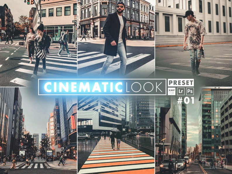 May include: A collage of four images showing a city street scene with people walking across a pedestrian crossing. The images are edited with a cinematic look preset. The text "CINEMATIC LOOK PRESET XMP LR PS #01" is displayed in the centre of the collage.