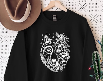 Felpa da ragazza lupo, felpa con lupo, felpa boho floreale, maglione regalo per amanti della natura, felpa con animali, regalo lupo, abbigliamento estetico