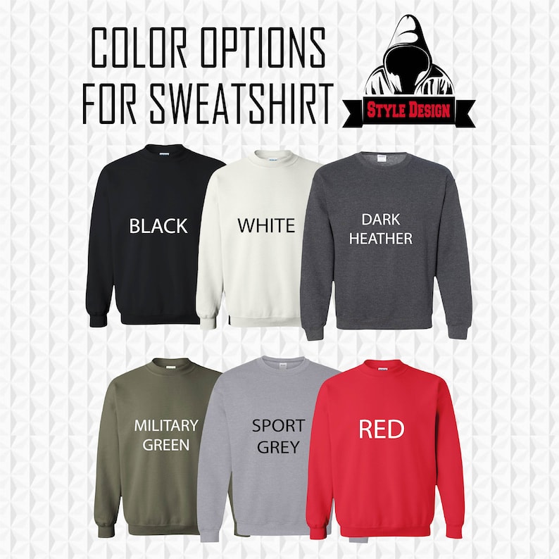 Puede incluir: Opciones de color para una sudadera. Los colores que se muestran son negro, blanco, gris oscuro jaspeado, verde militar, gris deportivo y rojo.