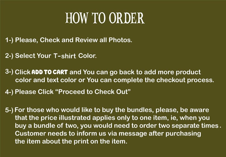 a step-by-step guide on how to order a T-shirt, with instructions on reviewing photos, selecting a color, adding to a cart, completing the checkout process, and purchasing the item.