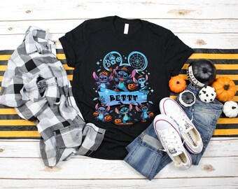 Camiseta Stitch Halloween 2025: Camiseta de terror da Disneylândia, nome personalizado