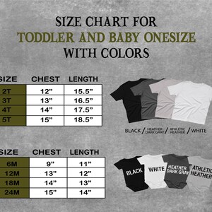 The image is a size chart for toddler and baby onesizes with colors, displaying the measurements and corresponding clothing items for different age groups.