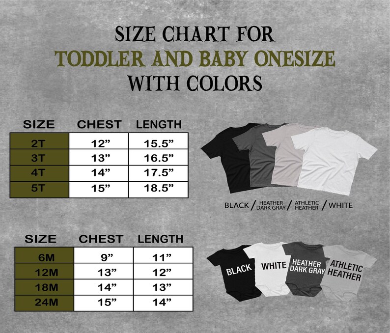The image is a size chart for toddler and baby onesizes with colors, displaying the measurements and corresponding clothing items for different age groups.