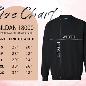Puede incluir: Tabla de tallas para una sudadera de mezcla pesada unisex Gildan 18000. La tabla muestra la talla, la longitud en pulgadas y el ancho en pulgadas para las tallas S, M, L, XL y 2X.