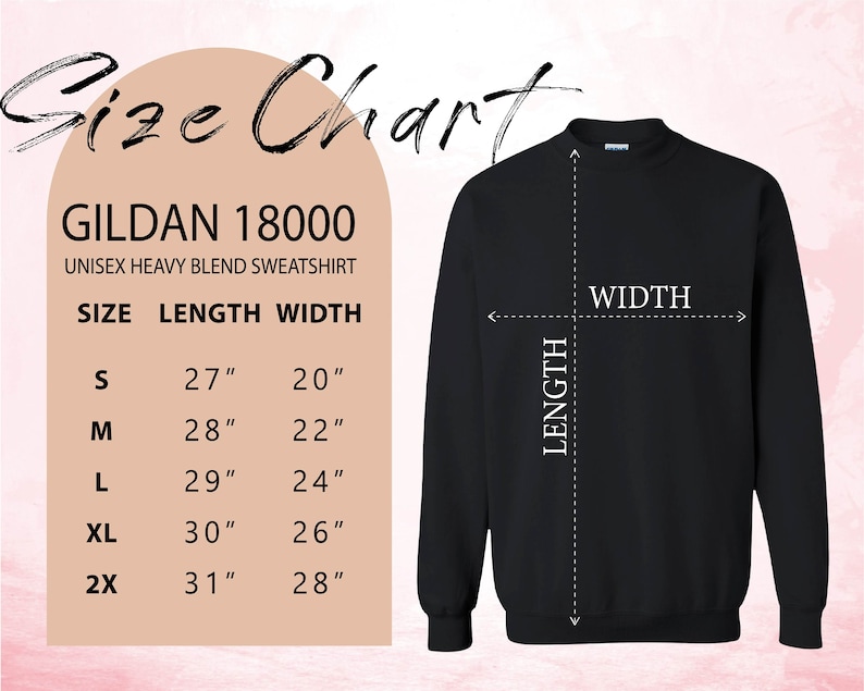 Puede incluir: Tabla de tallas para una sudadera de mezcla pesada unisex Gildan 18000. La tabla muestra la talla, la longitud en pulgadas y el ancho en pulgadas para las tallas S, M, L, XL y 2X.
