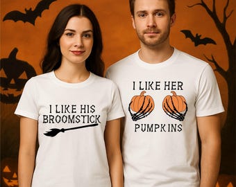 I Like His Broomstick I Like Her Pumpkins Shirt, Couple Matching Halloween Shirt,Funny Matching Halloween T-Shirt,Couple Halloween Party Tee