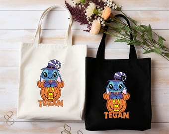 Bolsa tote personalizada fofa com abóbora do Mickey e Stitch, bolsa tote de Halloween, bolsa tote personalizada, bolsa tote personalizada para doces ou travessuras, bolsa de ombro personalizada