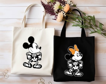 Disney Skeleton Halloween Mickey Minnie Couple Matching Tote Bag, Disneyland Halloween Bag, Mickey Minnie Skeleton Halloween Party Tote Bag