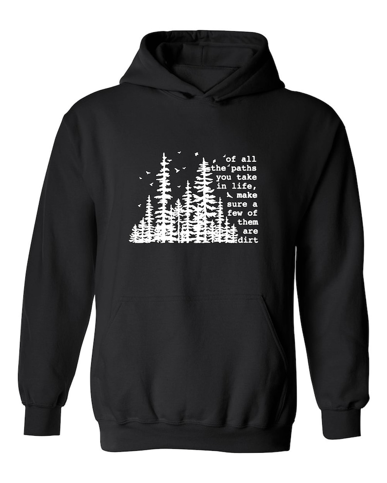 a black hoodie with white trees on it