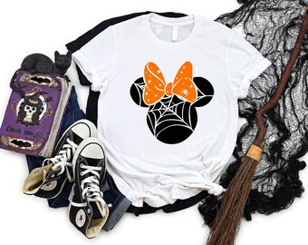 Minnie Spiderweb Customizable Halloween Season Gift T-Shirt for Family or Friends, Halloween Minnie Bow Shirt, Disney Minnie Halloween Tees