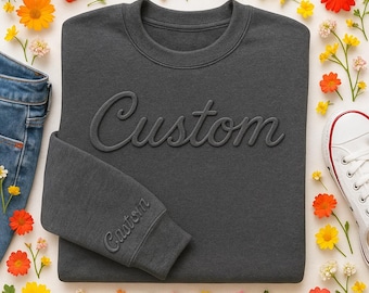 Sudadera personalizada con texto en relieve en el pecho y la manga, regalo unisex personalizado para hombre o mujer, sudadera con capucha con texto en relieve.
