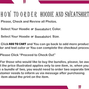 Puede incluir: Un cuadro de texto blanco con borde rosa contiene instrucciones sobre c&oacute;mo pedir una sudadera con capucha o una sudadera. El texto incluye los pasos a seguir, como comprobar las fotos, seleccionar el color y la talla, a&ntilde;adir al carrito y continuar con el proceso de pago. El texto tambi&eacute;n menciona que los paquetes se venden por separado.