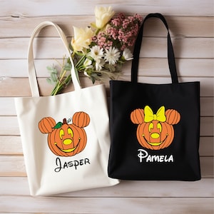 Sac fourre-tout personnalisé citrouille Mickey Minnie, sac à provisions Trick or Treat, sac fourre-tout Halloween, sac fourre-tout avec nom personnalisé, sac personnalisé Trick or Treat