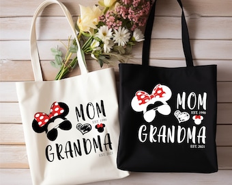Disney Mom Est Grandma Est Canvas Tote Bags, Tote Bag Disneyland Gift For Grandma, Mother's Day, Disney Trip Bag Disney Vacation Tote Bags