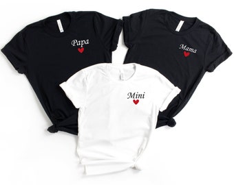 Camiseta familiar personalizada con corazones: Camiseta a juego personalizada para mamá, papá y mimi.