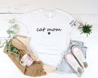 Cat Mom Personalized Kids Name on Sleeve Shirt, Cat Mom T-Shirt, Mothers Day New Cat Mom Gift, Gift For Mothers Day Proud Kitty Mama Shirts