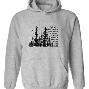 a grey hoodie with trees and birds on it