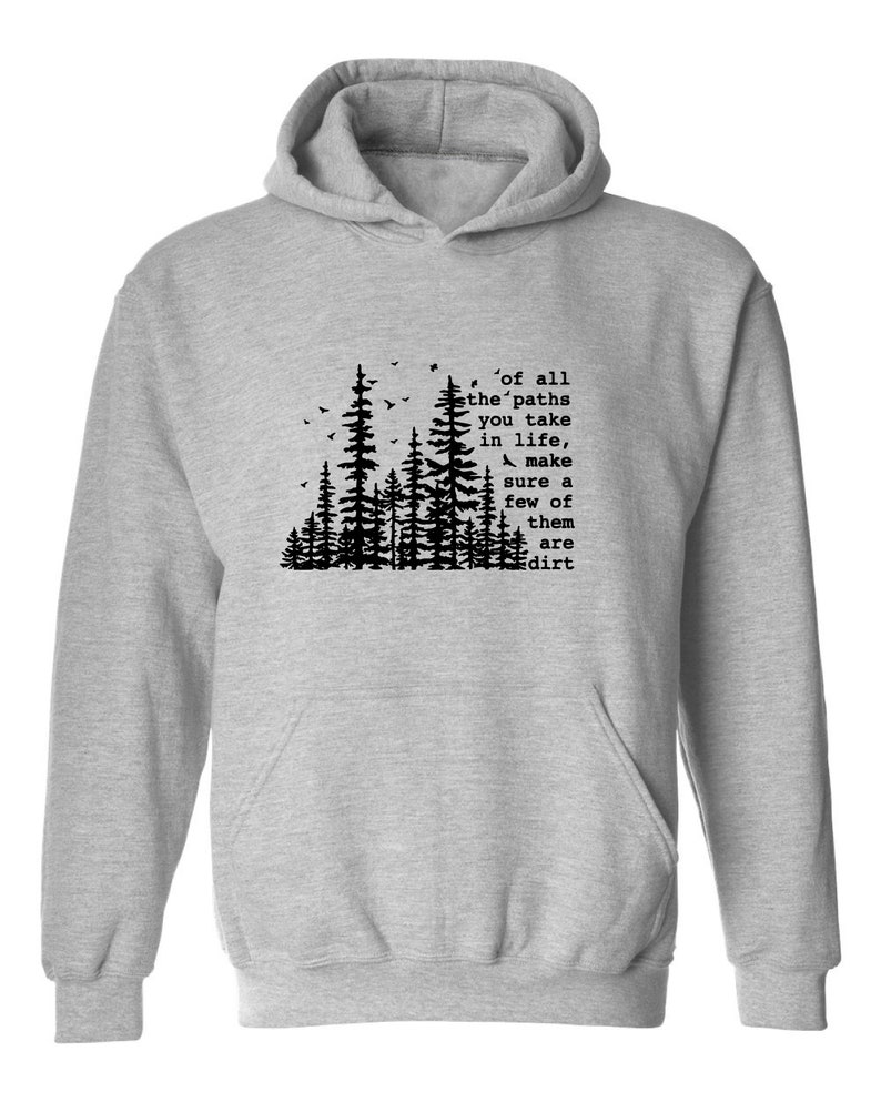 a grey hoodie with trees and birds on it