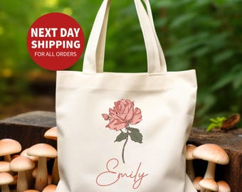 Personalized Birth Flower Tote Bag: Custom Name Gift