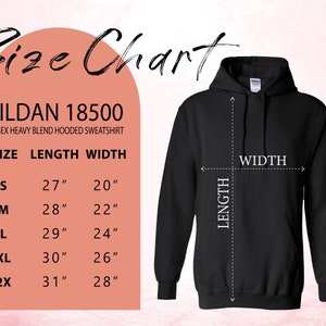 Puede incluir: Tabla de tallas para una sudadera con capucha de mezcla pesada unisex Gildan 18500. La tabla muestra la talla, la longitud en pulgadas y el ancho en pulgadas para las tallas S, M, L, XL y 2X.