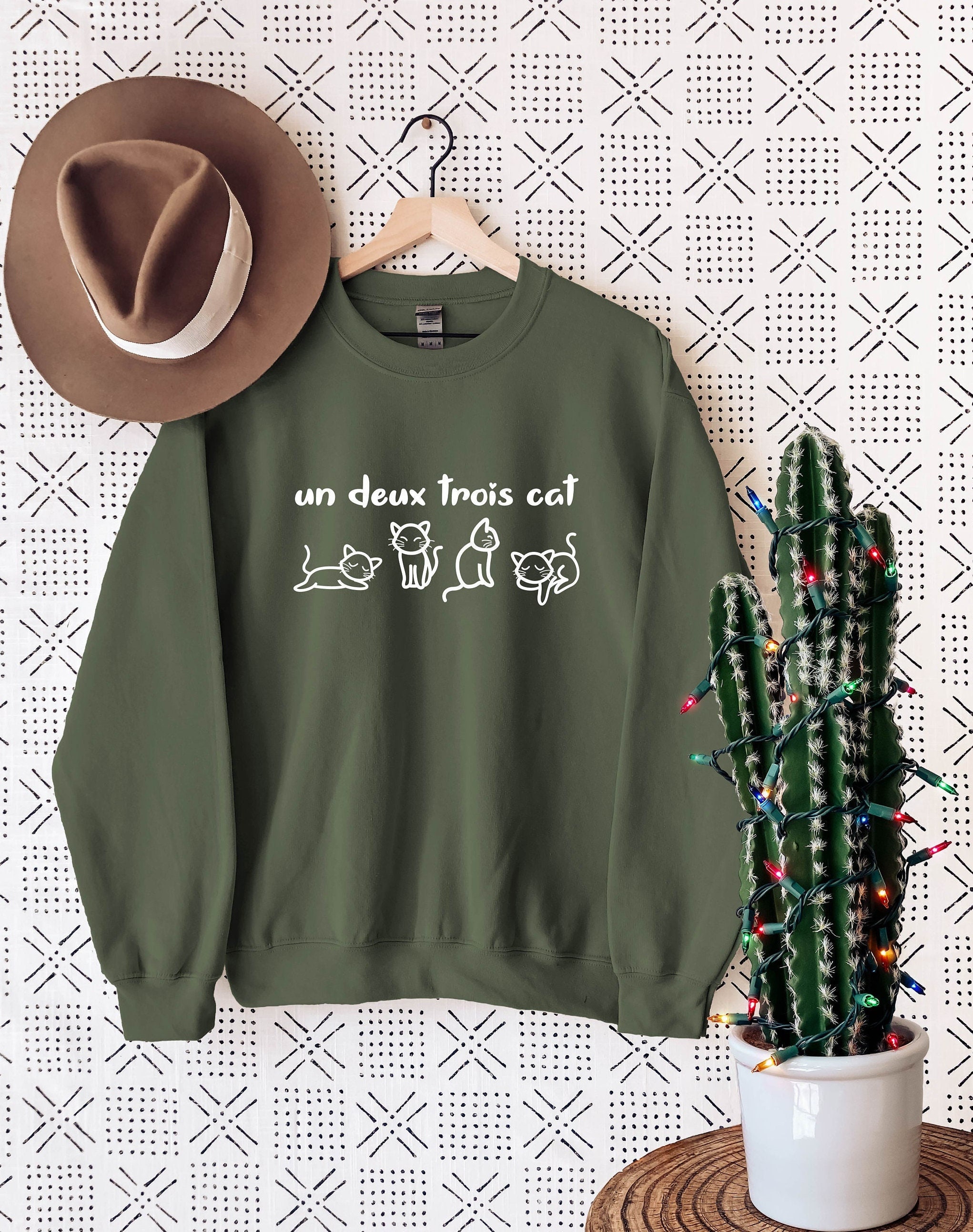 Sweat-shirt Un Deux Trois Cat - Manches Longues Unisexe, Motif Chat Français Adorable, Coupe Classique