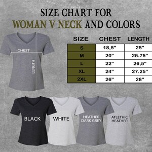 The image is a size chart for women's v-neck and colors, showing the measurements for different sizes and colors.