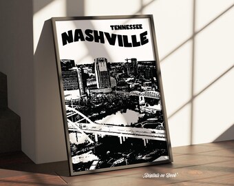 Nashville Tennessee, Skyline Digital Poster Print, Black and White Retro Digital Poster Print, Wall Art, College Apartment, Travel, Skyline