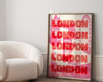 London Digital Print, Graphic London Wall Art, Printable Art Pink and Red, London Skyline Poster, Trendy Wall Art, Modern, London Wall Decor