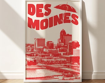 Des Moines Iowa Stadt Skyline Digitaler Posterdruck, Roter Retro Digitaler Posterdruck, Rote Wandkunst, Des Moines Iowa, Wohnung, Reisekunst