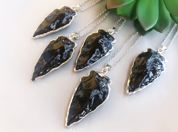 Raw Black obsidian arrowhead necklace Genuine obsidian crystal pendant Real obsidian crystal necklace