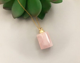 Rose quartz Perfume bottle necklace Rose quartz bottle pendant Rose quartz crystal necklace with 18k gold chain