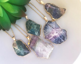 Raw fluorite necklace Big fluorite pendant Fluorite crystal necklace with 18k gold chain
