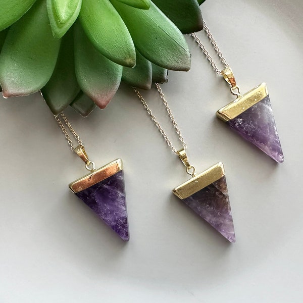 Amethyst crystal necklace gold Natural amethyst pendant Amethyst triangle necklace with 18k gold chain