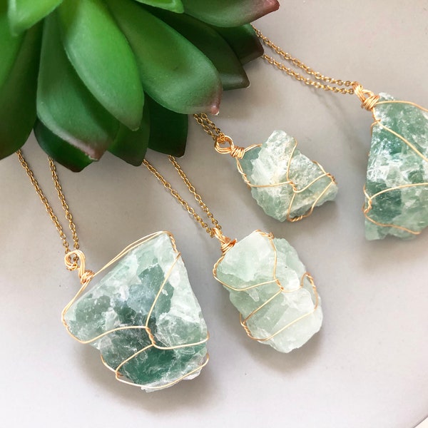 Green fluorite necklace Raw fluorite wire-wrapped pendant Fluorite crystal necklace with 18k gold chain