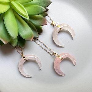 Crescent moon necklace Rose quartz crystal necklace Pink quartz pendant Healing crystal necklace with 18k gold chain
