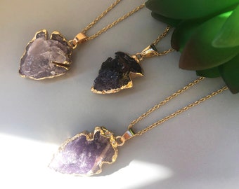 Amethyst crystal necklace Arrowhead pendant Genuine amethyst necklace with 18k gold chain