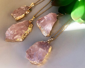 Rose quartz crystal necklace Gilded Raw rose quartz pendant Freeform crystal necklace with 18k gold chain