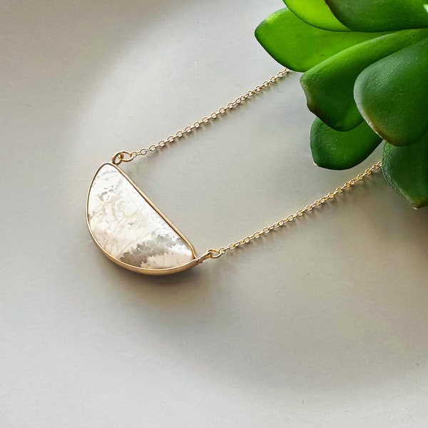 Howlite crystal necklace Magnesite pendant Half moon crystal necklace with 18k gold chain