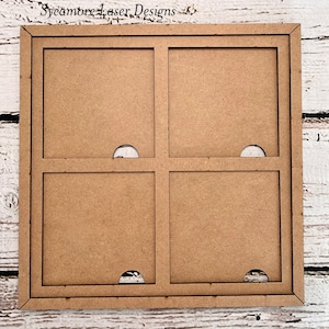 May include: A wooden frame with four square openings, each with a semi-circular cutout at the bottom. The frame is made of brown wood and has a rustic appearance.