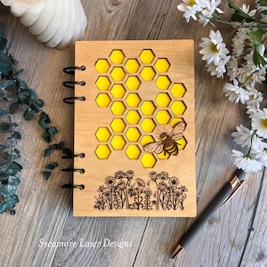 Bee Honeycomb Refillable laser cut engraved wood journal/Sustainable/A5 size 8.5x5.75/Maple veneer hardcover/blank/lined/wood notebook