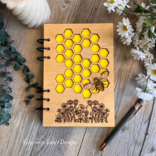 Bee Honeycomb Refillable laser cut engraved wood journal/Sustainable/A5 size 8.5x5.75/Maple veneer hardcover/blank/lined/wood notebook